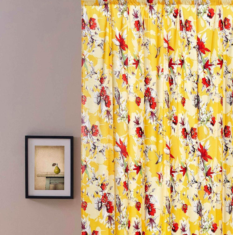 DaDa Bedding Set of 2 Radiant Sunshine Yellow Floral Window Curtain Panels - Natural Semi Sheer Hummingbirds Farmhouse Red Flowers Straight Tailored Edge Curtains by DaDalogy Bedding Collection
