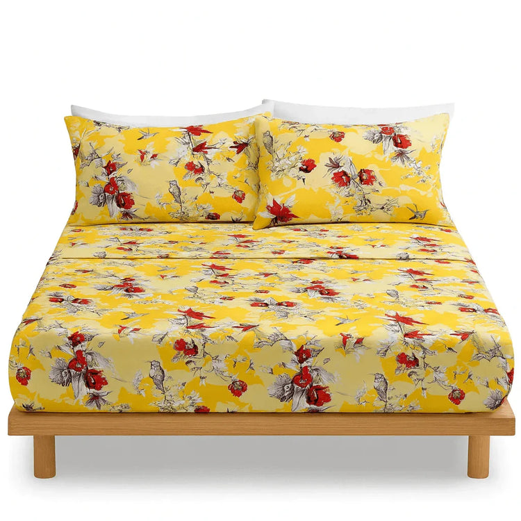 DaDa Bedding Sunshine Yellow Hummingbirds Floral Fitted & Flat Bed Sheets Set (JHW-925) Bed Sheets by DaDalogy Bedding Collection