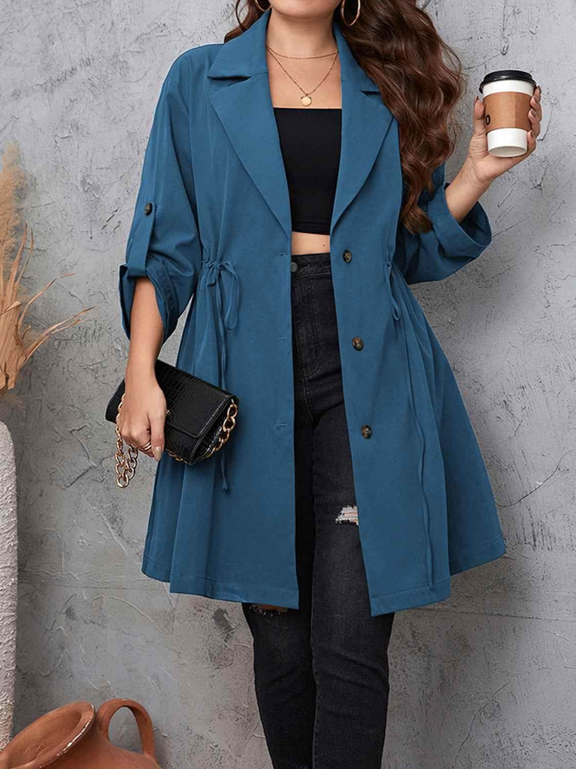 Honey Plus Size Lapel Collar Drawstring Roll-Tab Sleeve Trench Coat women Attire by Trendsi