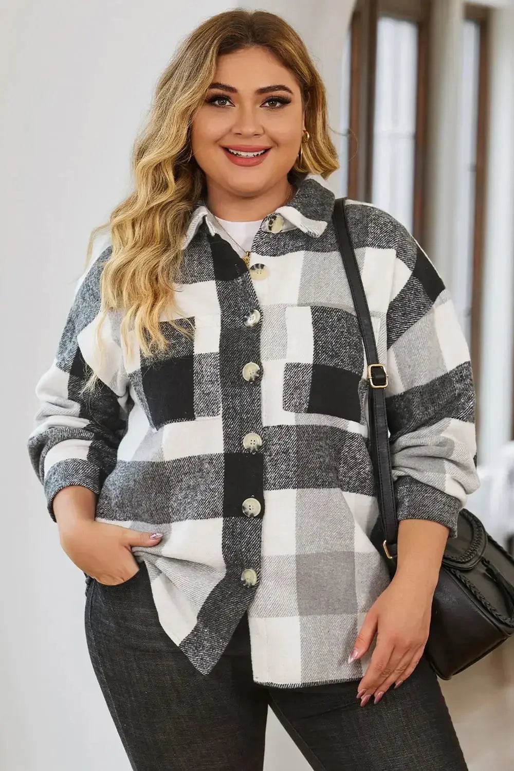 Plus Size Plaid Button Up Collared Neck Jacket women Attire by Trendsi