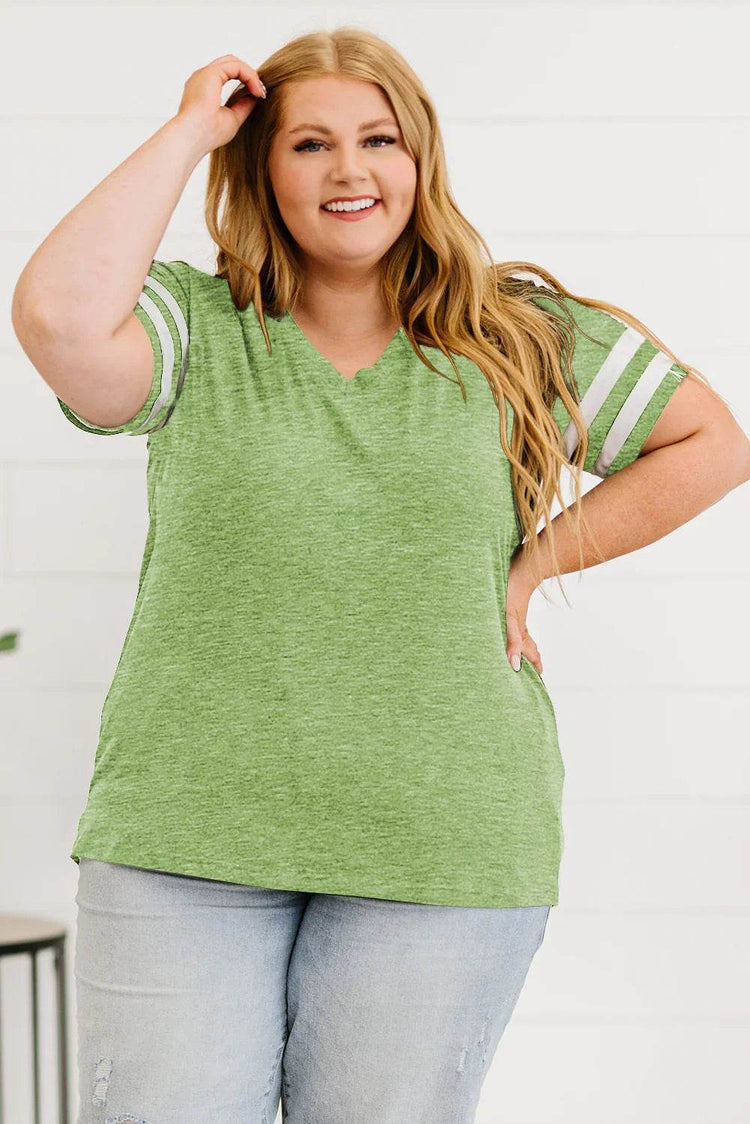 Plus Size Striped V-Neck Tee Shirt women Attire by Trendsi