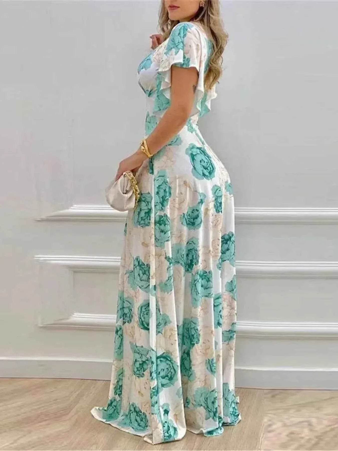 Plus Size Floral Print V-Neck Maxi Dress with Flutter Sleeves women Attire by Trendsi