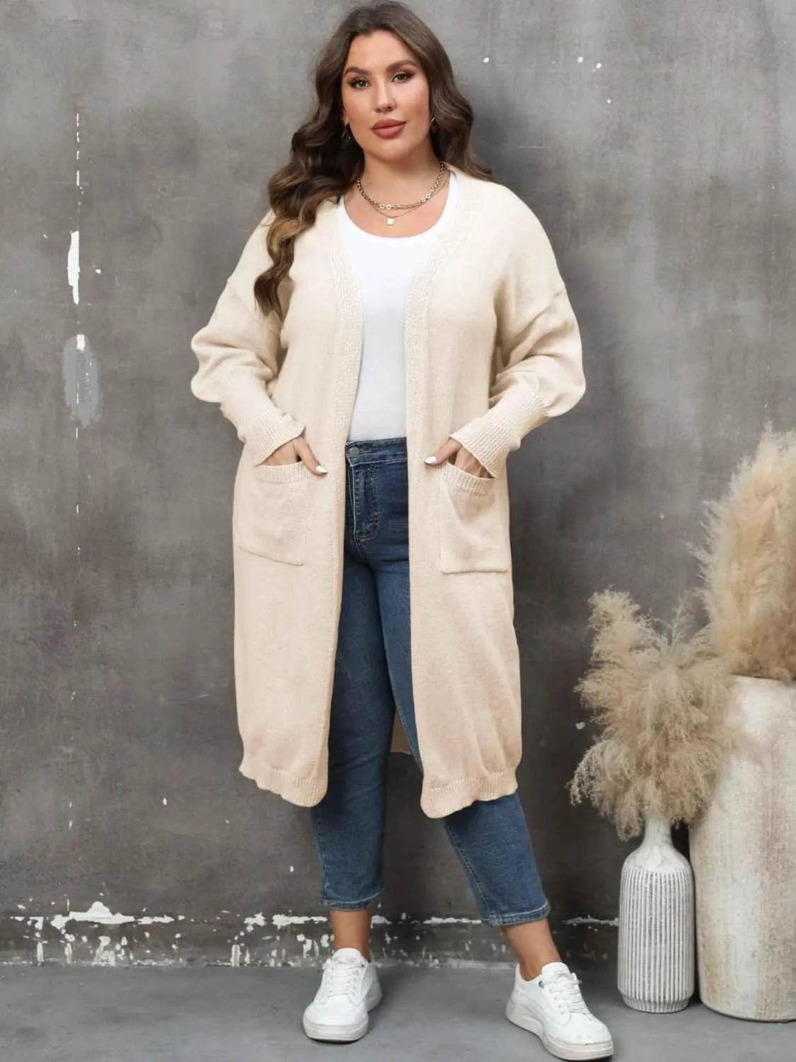 Plus Size Long Sleeve Pocketed Cardigan women Attire by Trendsi