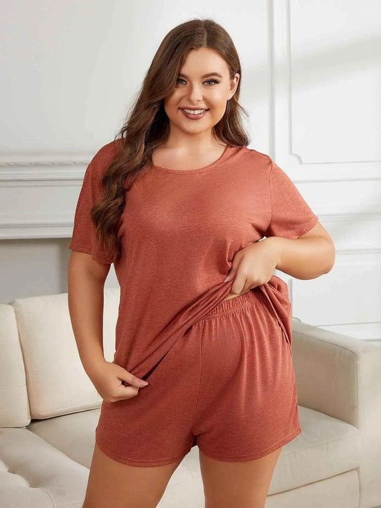 Plus Size Round Neck Short Sleeve Two-Piece Loungewear Set women Attire by Trendsi