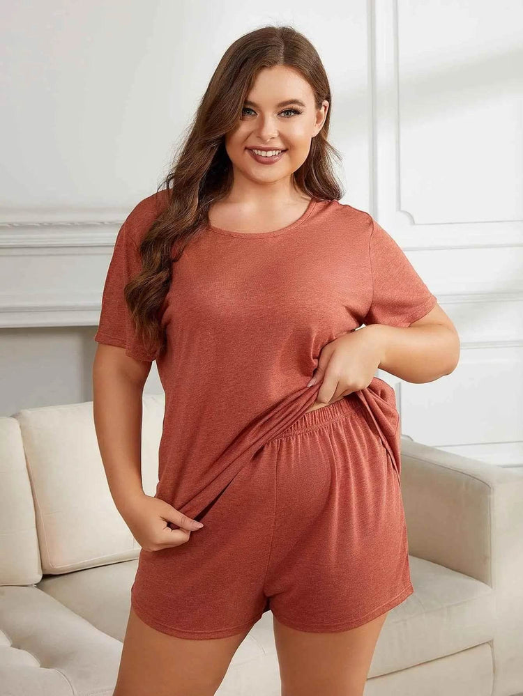 Plus Size Round Neck Short Sleeve Two-Piece Loungewear Set women Attire by Trendsi