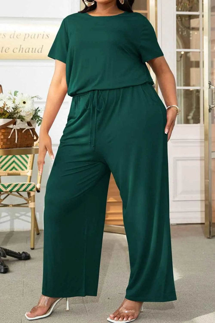 Plus Size Drawstring Waist Short Sleeve Jumpsuit women Attire by Trendsi