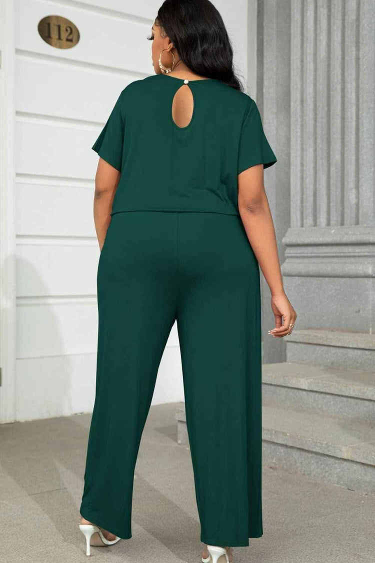 Plus Size Drawstring Waist Short Sleeve Jumpsuit women Attire by Trendsi