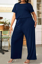 Plus Size Drawstring Waist Short Sleeve Jumpsuit women Attire by Trendsi
