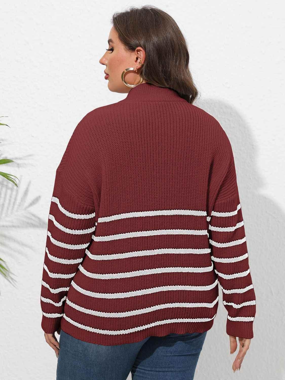 Plus Size Zip-Up Striped Sweater women Attire by Trendsi