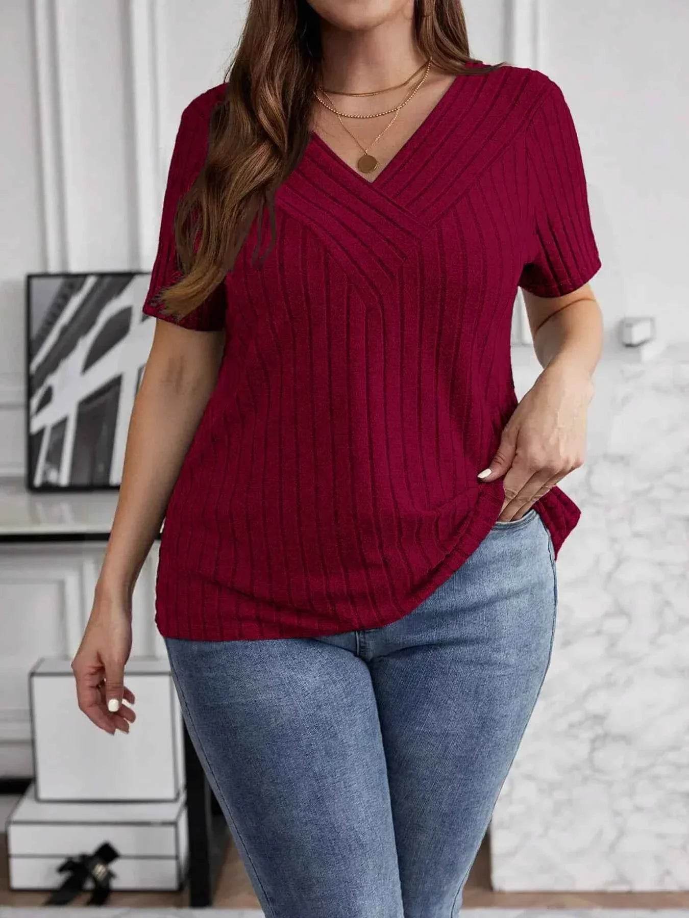 Plus Size V-Neck Short Sleeve Ribbed T-Shirt women Attire by Trendsi