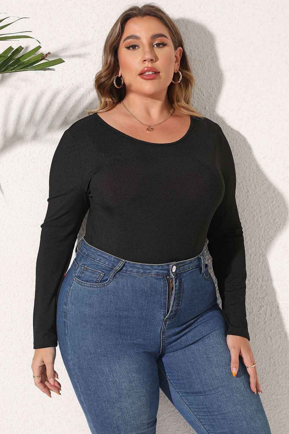 Plus Size Round Neck Long Sleeve Bodysuit women Attire by Trendsi
