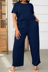 Plus Size Drawstring Waist Short Sleeve Jumpsuit women Attire by Trendsi