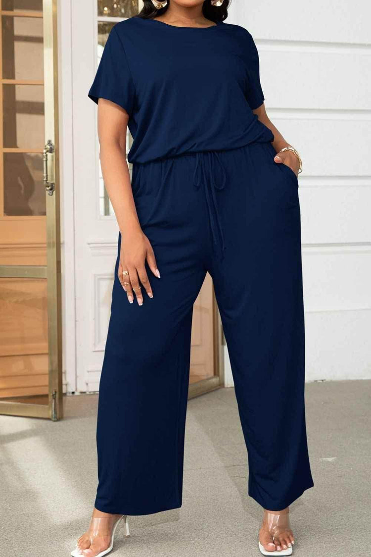 Plus Size Drawstring Waist Short Sleeve Jumpsuit women Attire by Trendsi