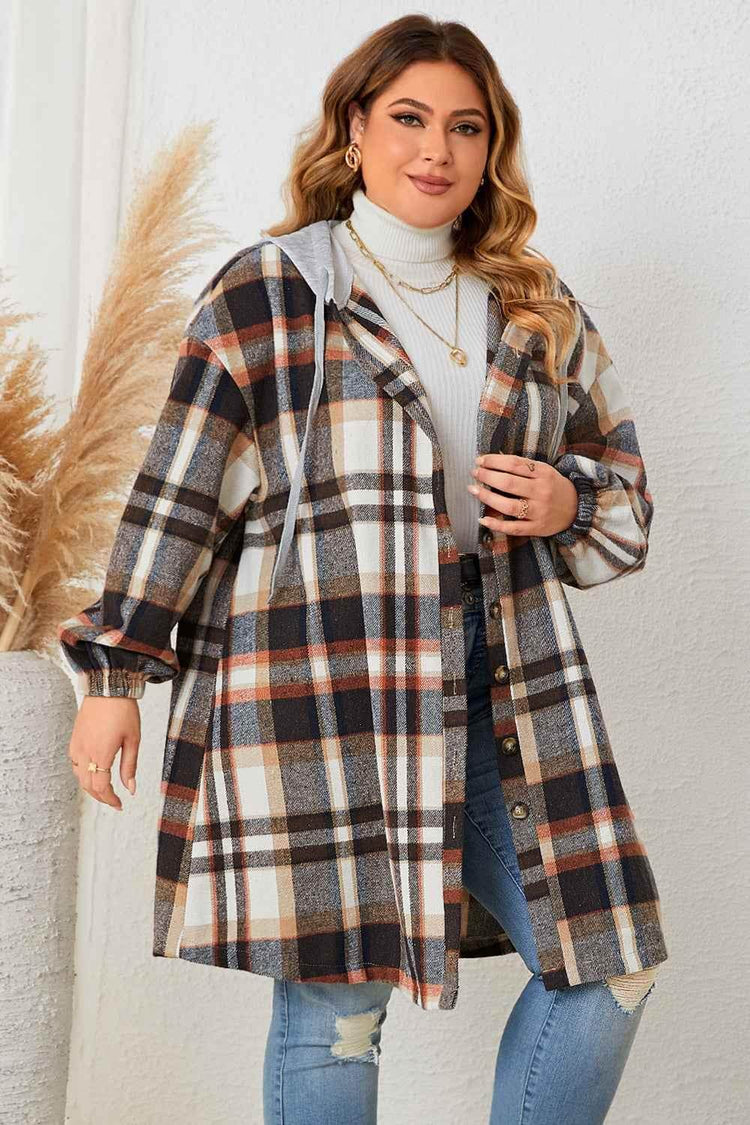 Honey Plus Size Plaid Drop Shoulder Hooded Coat women Attire by Trendsi