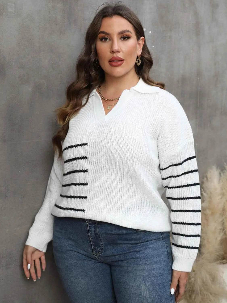 Plus Size Striped V-Neck Sweater women Attire by Trendsi