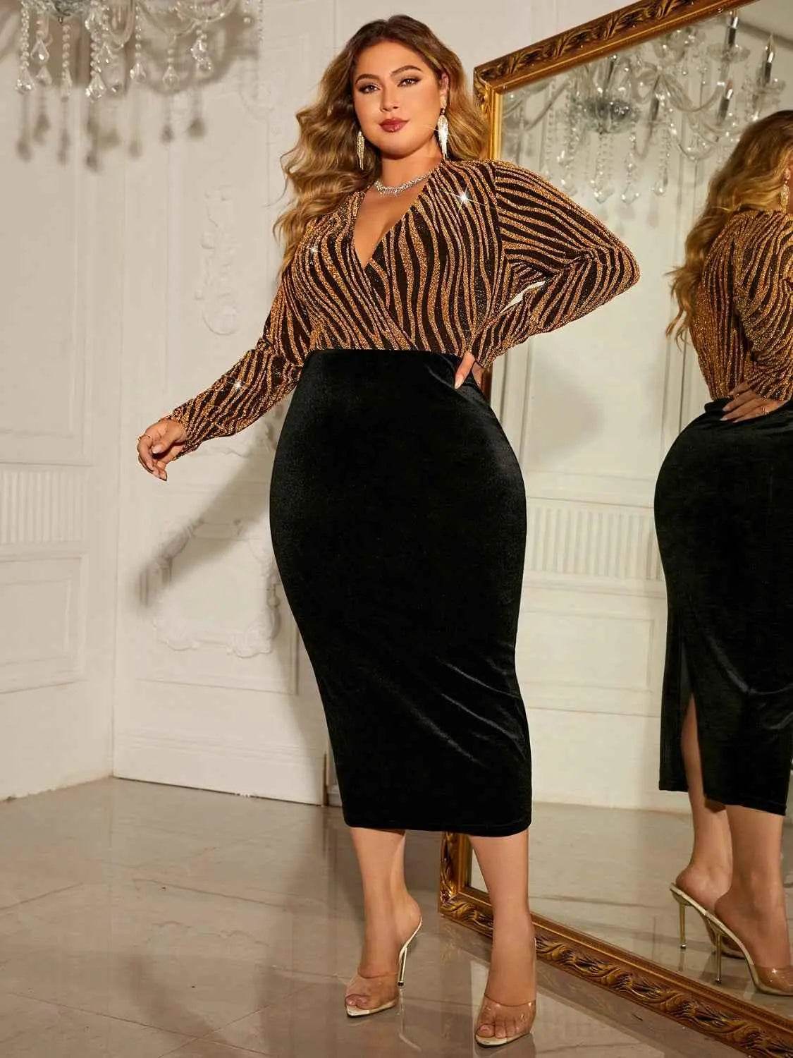 Honey Plus Size Surplice Neck Long Sleeve Slit Dress women Attire by Trendsi