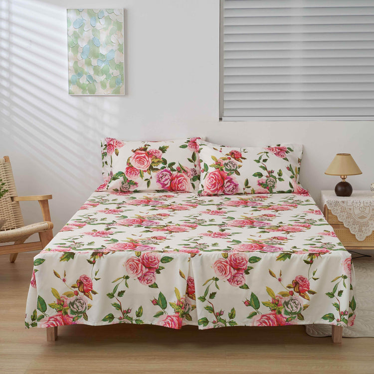 DaDa Bedding Romantic Roses Floral Bed Skirt - Matching Pink & White Ruffled Dust Ruffle for Quilted Coverlet Set - Lightweight & Breathable Polyester Bedskirt Bedding Accessories by DaDalogy Bedding Collection