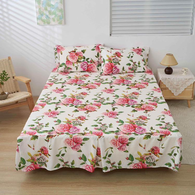 DaDa Bedding Romantic Roses Floral Bed Skirt - Matching Pink & White Ruffled Dust Ruffle for Quilted Coverlet Set - Lightweight & Breathable Polyester Bedskirt Bedding Accessories by DaDalogy Bedding Collection