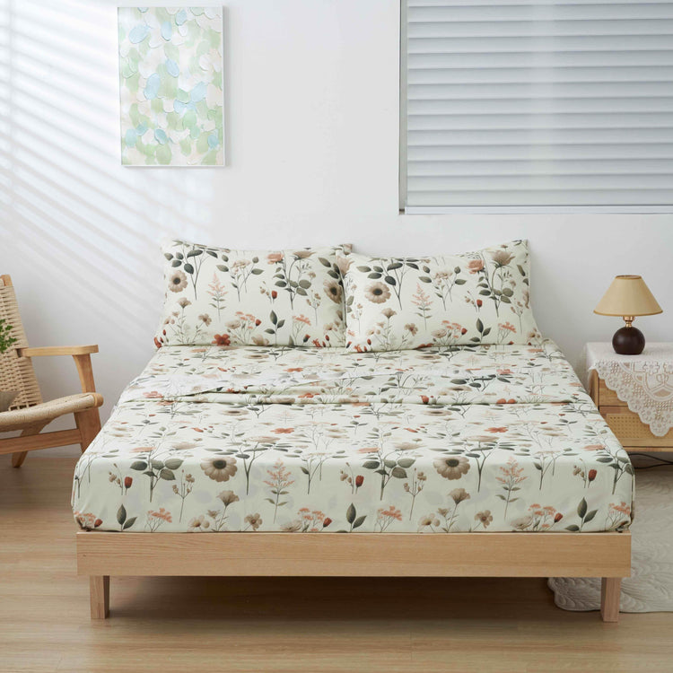 DaDalogy Enchanted Meadow Bed Sheet Set - Floral Harmony in Beige, Rose, and Soft Green, Premium Soft Microfiber, Machine Washable, Deep Pocket 14 - 15 Inches + Flat Sheet Bed Sheets by DaDalogy Bedding Collection