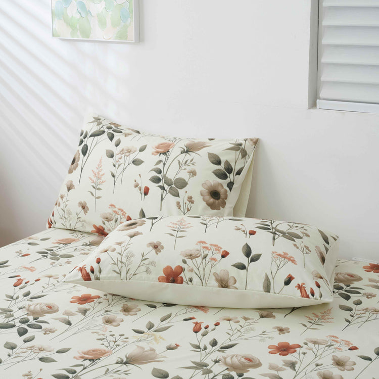 DaDalogy Enchanted Meadow Bed Sheet Set - Floral Harmony in Beige, Rose, and Soft Green, Premium Soft Microfiber, Machine Washable, Deep Pocket 14 - 15 Inches + Flat Sheet Bed Sheets by DaDalogy Bedding Collection