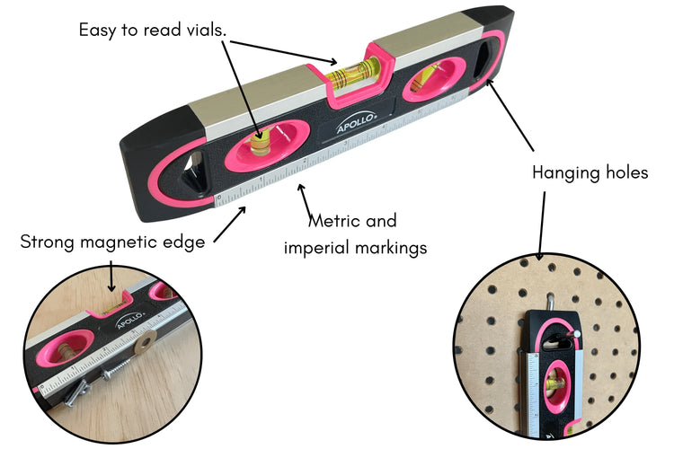 PINK 9-inch torpedo-shaped spirit level for 180/90/45 degrees leveling-- DT5019P Household hand tool by Apollo Tools