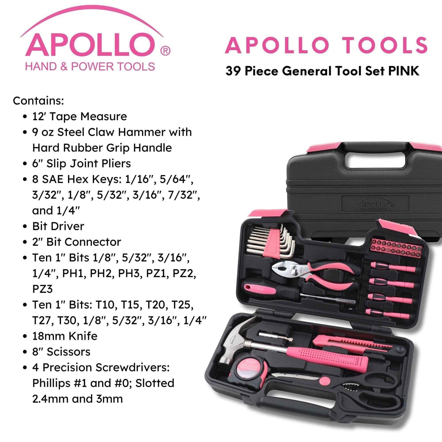 39 Piece General Tool Set Pink - DT9706P Pink Tool Kit by Apollo Tools
