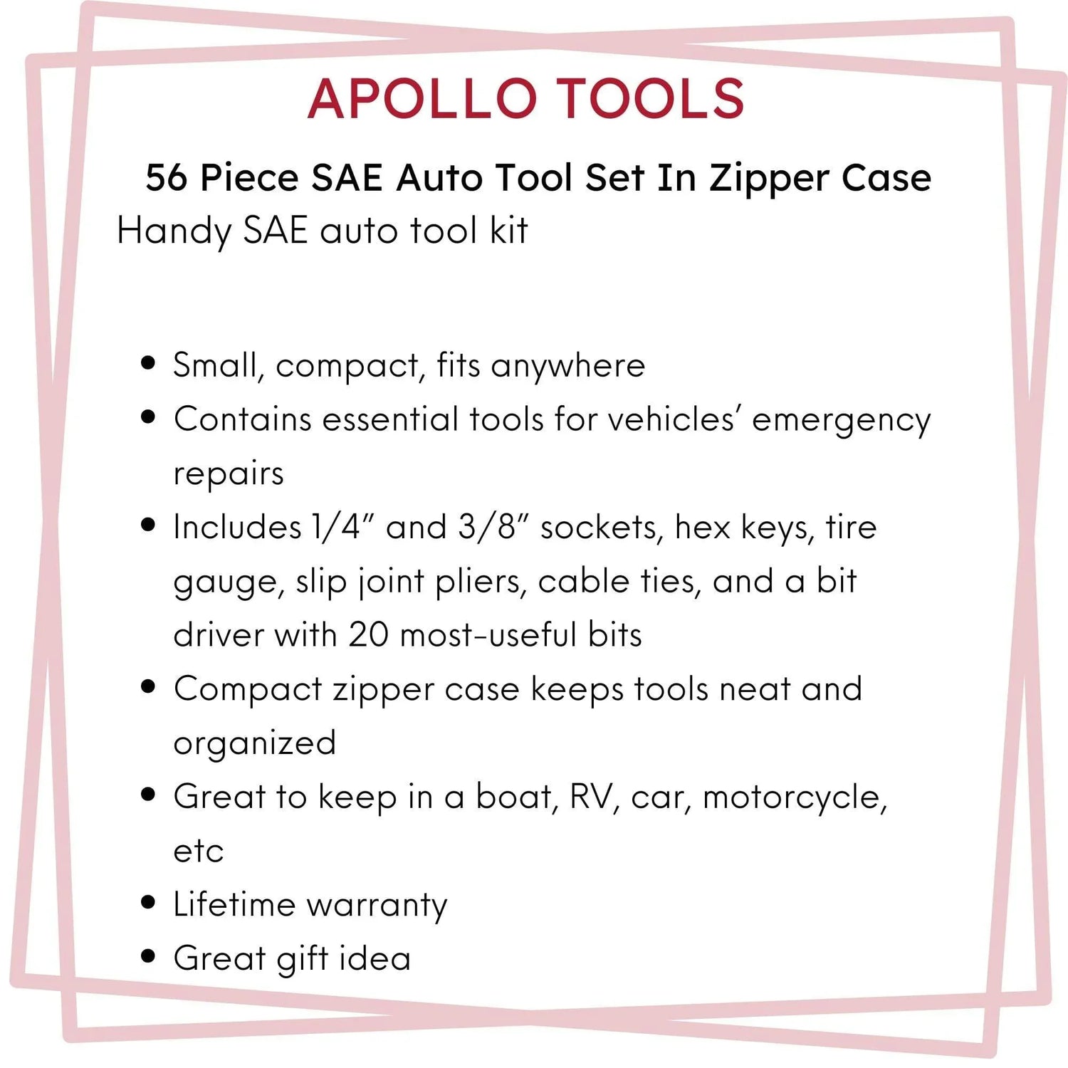 56 Piece SAE Auto Tool Set In Zipper Case - DT9774 Mechanics Tool Kit by Apollo Tools