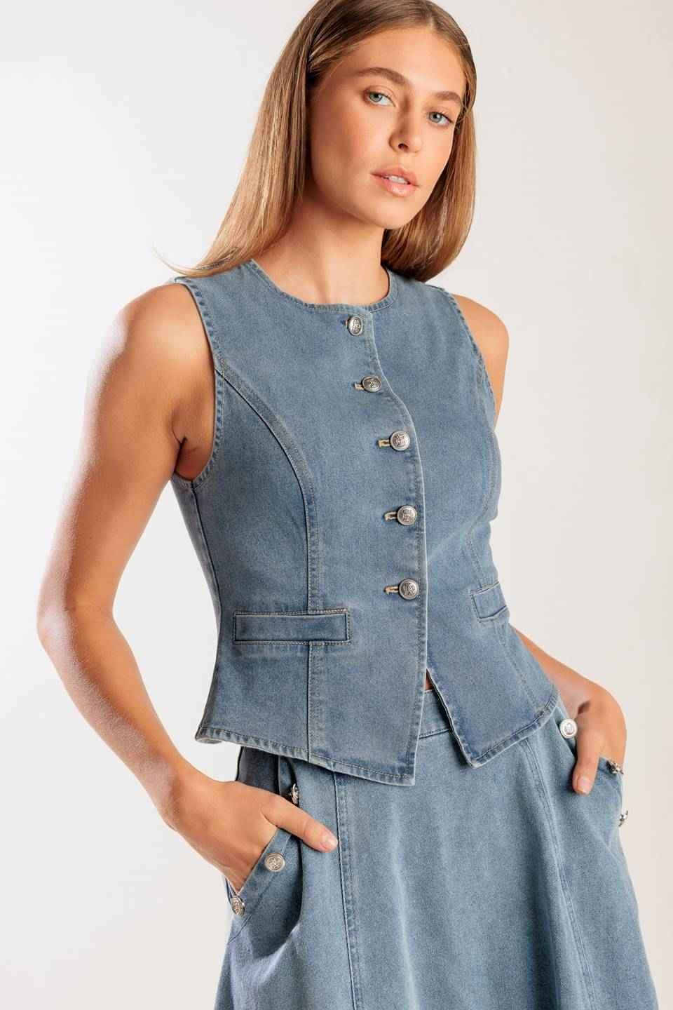 AT FIRST GLANCE DENIM VEST VEST by Flying Tomato