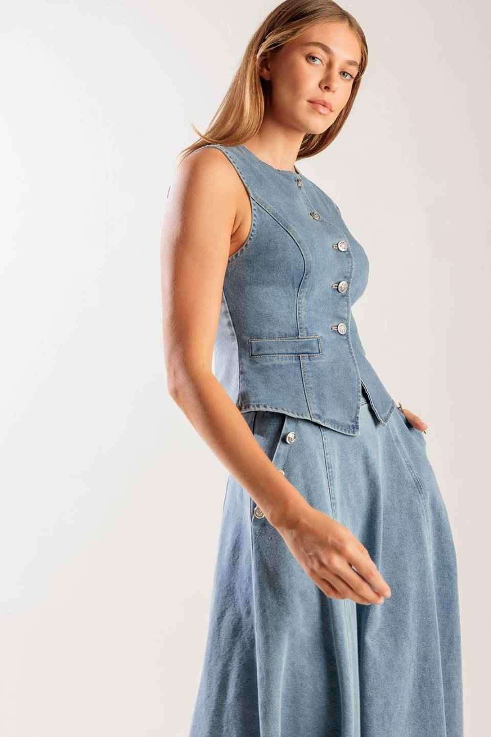 AT FIRST GLANCE DENIM VEST VEST by Flying Tomato