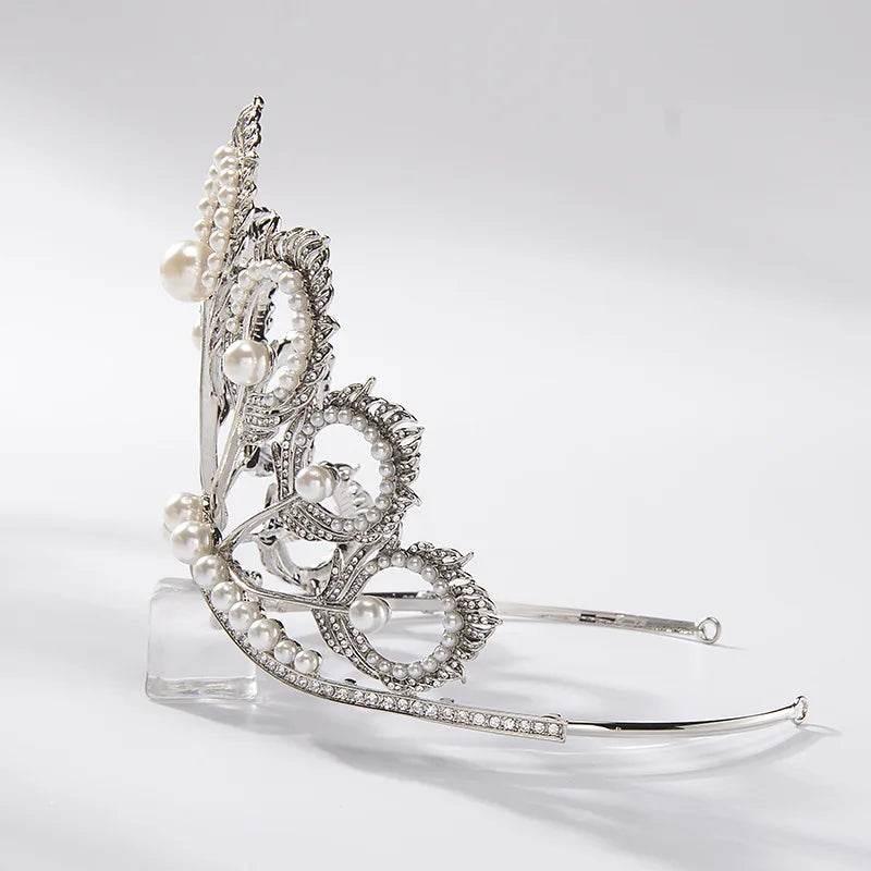 Luxury Miss Universe Crown Round Wedding Crystal Pearl Crowns Peacock Feather Tiaras Rhinestone Pageant Diadem CZ Coroa Novia Tiaras by DSERS