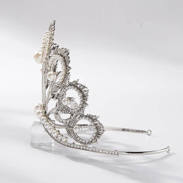 Luxury Miss Universe Crown Round Wedding Crystal Pearl Crowns Peacock Feather Tiaras Rhinestone Pageant Diadem CZ Coroa Novia Tiaras by DSERS