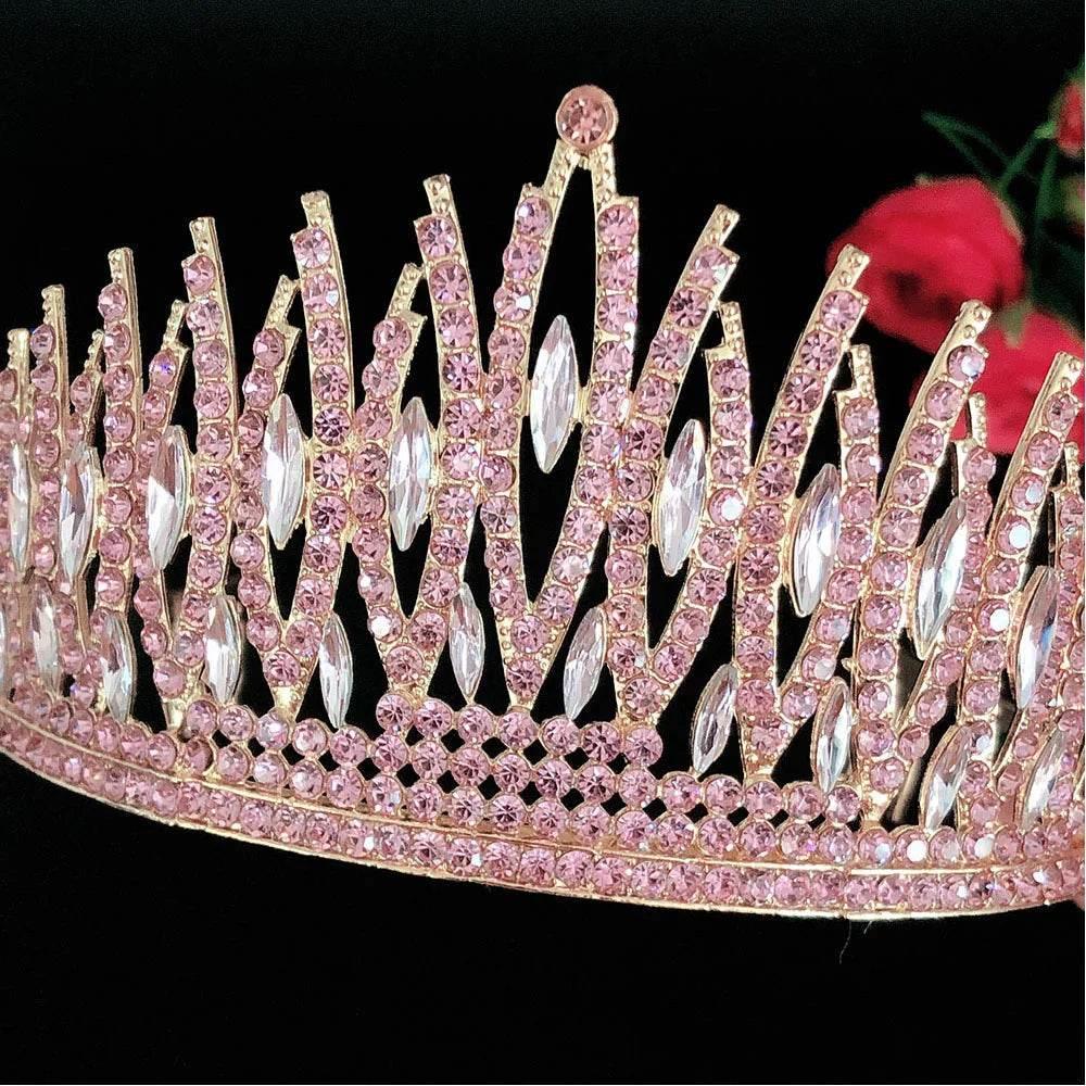 Baroque Sparkling Pink Crystal Bridal Tiaras Gold Color Rhinestone Pageant Crowns With Combs Headbands Wedding Hair Accessories Tiaras by DSERS