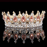 Luxury Retro Gold Color Pink Crystal Round Bridal Crown Classic Baroque Rhinestone Diadem Tiaras Women Wedding Hair Accessories Tiaras by DSERS