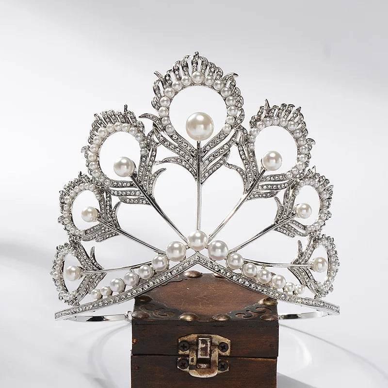 Luxury Miss Universe Crown Round Wedding Crystal Pearl Crowns Peacock Feather Tiaras Rhinestone Pageant Diadem CZ Coroa Novia Tiaras by DSERS