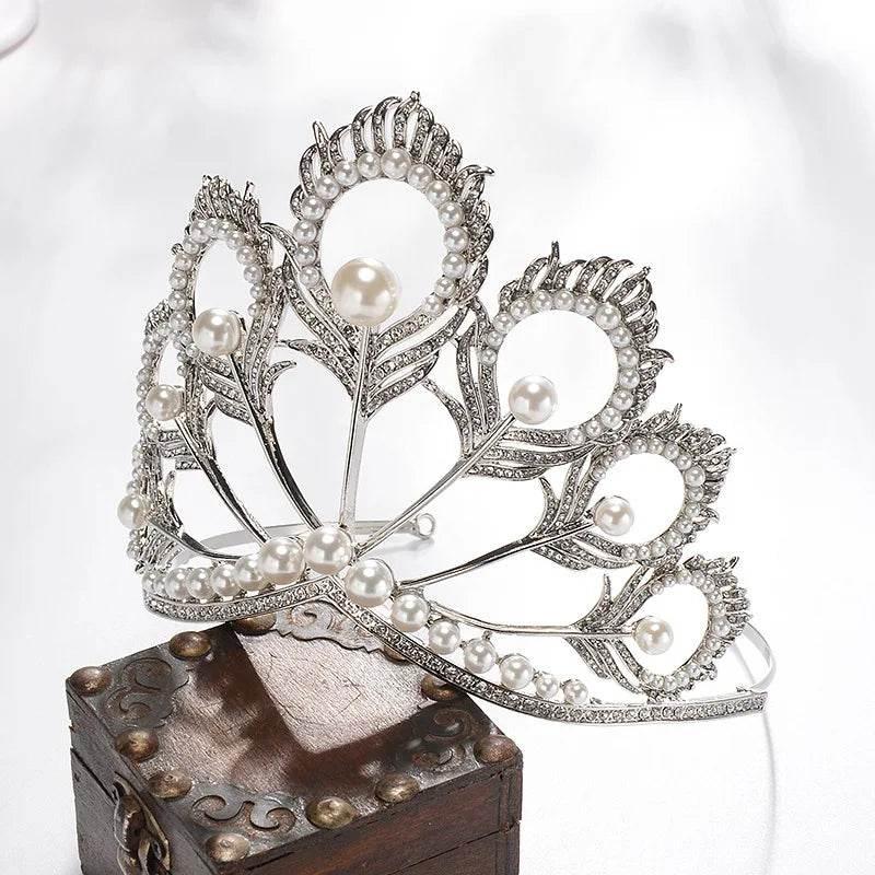 Luxury Miss Universe Crown Round Wedding Crystal Pearl Crowns Peacock Feather Tiaras Rhinestone Pageant Diadem CZ Coroa Novia Tiaras by DSERS