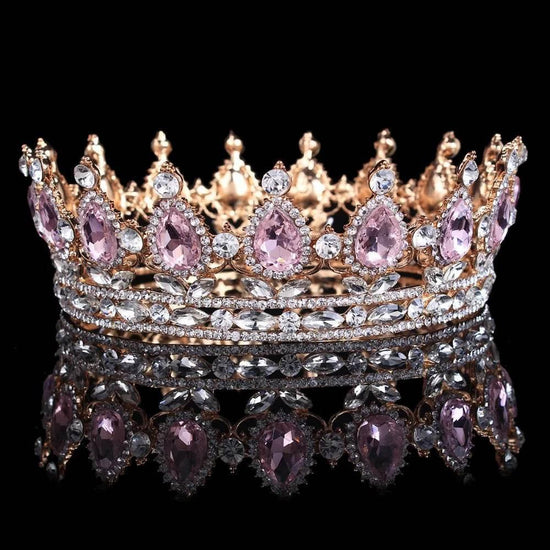 Luxury Retro Gold Color Pink Crystal Round Bridal Crown Classic Baroque Rhinestone Diadem Tiaras Women Wedding Hair Accessories Tiaras by DSERS
