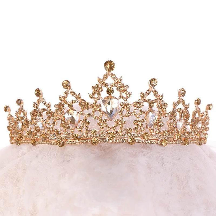 Baroque Gold Color Champagne Crystal Heart Bridal Tiara Crown Rhinestone Pageant Diadem Veil Tiara Headband Wedding Hair Jewelry Tiaras by DSERS