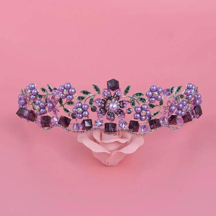 Luxury Baroque Purple Crystal Pearl Bridal Crown Tiara Magnificent Rhinestone Diadem for Bride Headband Wedding Hair Accessories Tiaras by DSERS