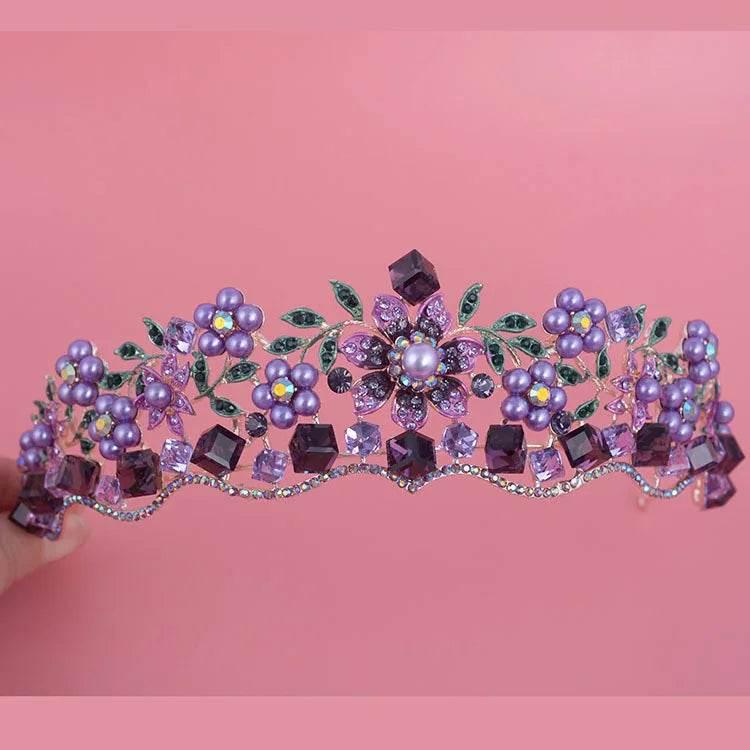 Luxury Baroque Purple Crystal Pearl Bridal Crown Tiara Magnificent Rhinestone Diadem for Bride Headband Wedding Hair Accessories Tiaras by DSERS