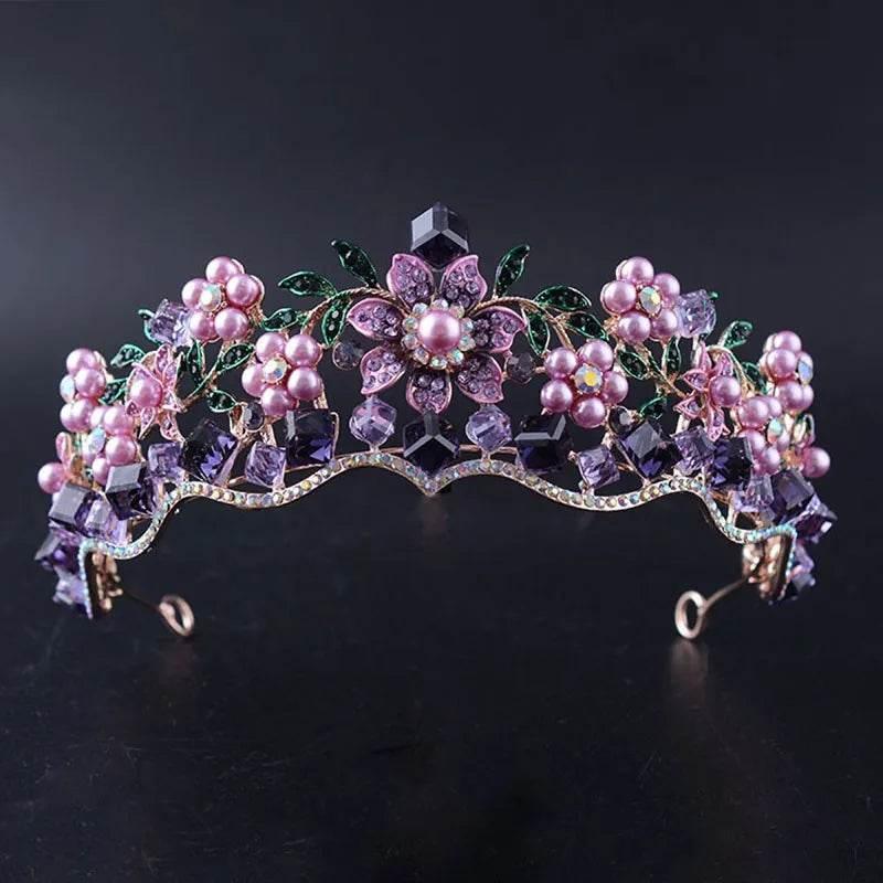 Luxury Baroque Purple Crystal Pearl Bridal Crown Tiara Magnificent Rhinestone Diadem for Bride Headband Wedding Hair Accessories Tiaras by DSERS