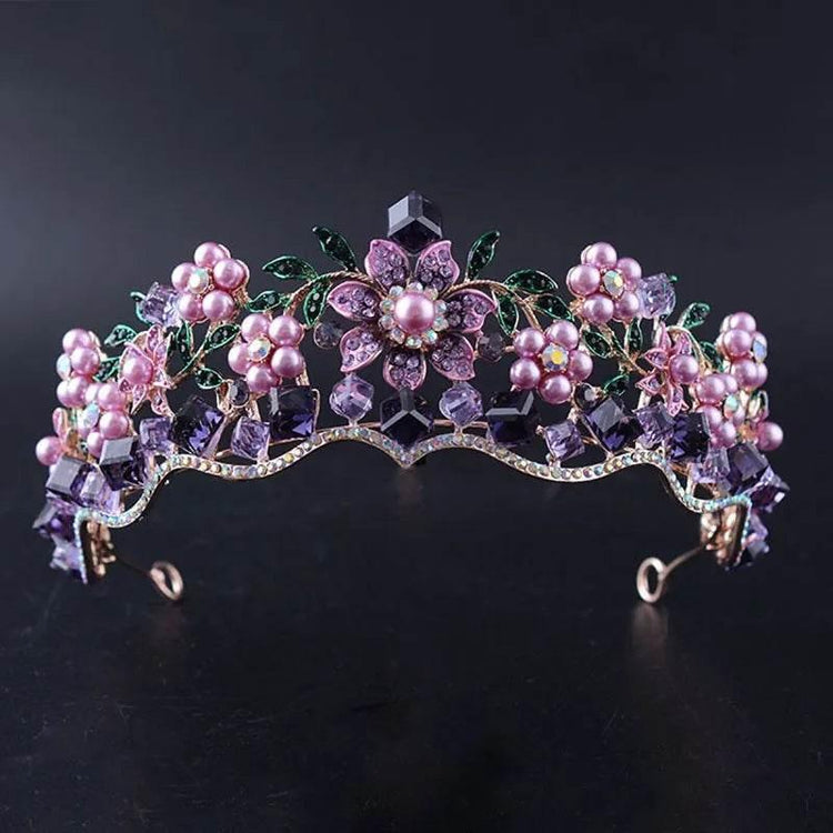 Luxury Baroque Purple Crystal Pearl Bridal Crown Tiara Magnificent Rhinestone Diadem for Bride Headband Wedding Hair Accessories Tiaras by DSERS