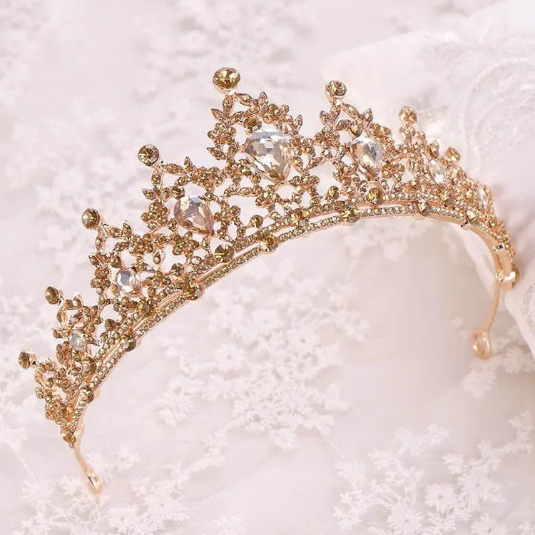 Baroque Gold Color Champagne Crystal Heart Bridal Tiara Crown Rhinestone Pageant Diadem Veil Tiara Headband Wedding Hair Jewelry Tiaras by DSERS