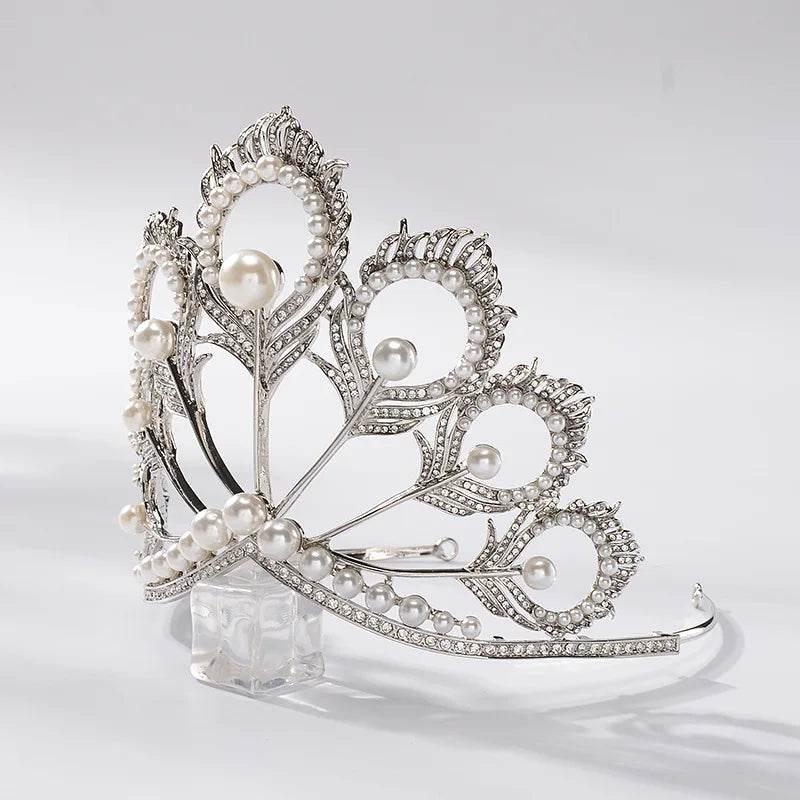 Luxury Miss Universe Crown Round Wedding Crystal Pearl Crowns Peacock Feather Tiaras Rhinestone Pageant Diadem CZ Coroa Novia Tiaras by DSERS