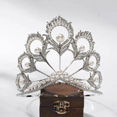 Luxury Miss Universe Crown Round Wedding Crystal Pearl Crowns Peacock Feather Tiaras Rhinestone Pageant Diadem CZ Coroa Novia Tiaras by DSERS