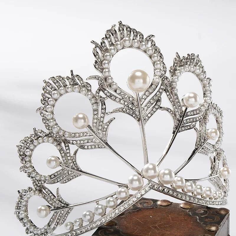 Luxury Miss Universe Crown Round Wedding Crystal Pearl Crowns Peacock Feather Tiaras Rhinestone Pageant Diadem CZ Coroa Novia Tiaras by DSERS