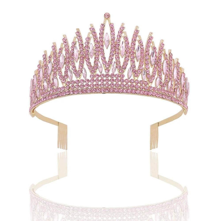 Baroque Sparkling Pink Crystal Bridal Tiaras Gold Color Rhinestone Pageant Crowns With Combs Headbands Wedding Hair Accessories Tiaras by DSERS