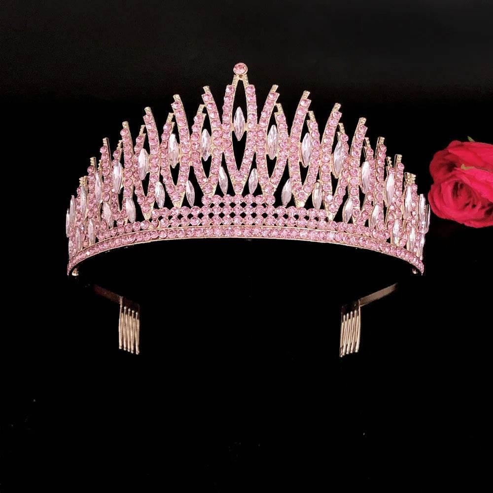 Baroque Sparkling Pink Crystal Bridal Tiaras Gold Color Rhinestone Pageant Crowns With Combs Headbands Wedding Hair Accessories Tiaras by DSERS