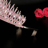 Baroque Sparkling Pink Crystal Bridal Tiaras Gold Color Rhinestone Pageant Crowns With Combs Headbands Wedding Hair Accessories Tiaras by DSERS
