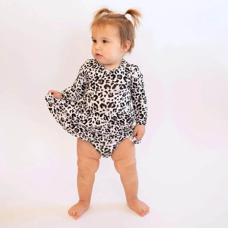 Ruffle Dress Long Sleeve Snow Leopard by Khlobe