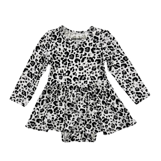 Ruffle Dress Long Sleeve Snow Leopard by Khlobe